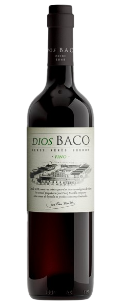 Sherry bottle with a black foil top with text in silver Dios Baco, est 1848. White label with a drawing of the original winery building in Jerez. Text of DIOS BACO, FINO. Sheery from Jerez in Spain.