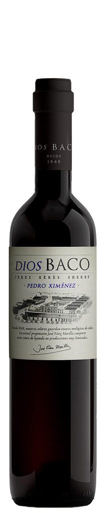 Sherry bottle 50cl with a black foil top with silver text on the foil Dios Baco est 1848. White label with a drawing of the old sherry house in Jerez, text of DIOS BACO PEDRO XIMENEZ, JEREZ SHERRY
