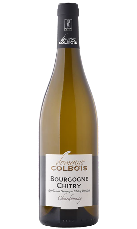 A bottle of domaine colbois chardonnay white wine from the chitry region of france.