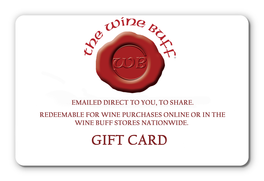 gift card with the wine buff logo in a red wax seal with WB in the centre. text of EMAILED DIRECT TO YOU TO SHARE. REDEEMABLE FOR WINE PURCHASES ONLINE OR IN THE WINE BUFF STORES NATIONWIDE. GIFT CARD