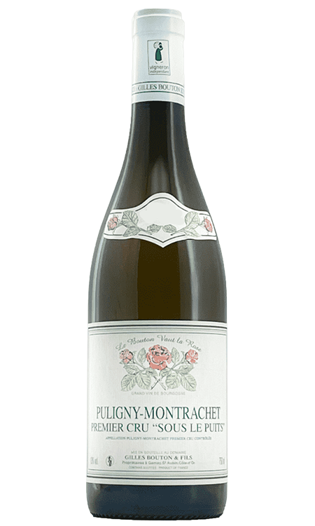 bottle of white burgundy puligny-montrachetwine made from the chardonnay grape from the vineyard of Gilles Bouton 