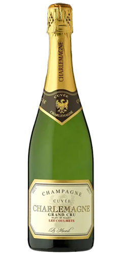 A green coloured champagne bottle, with gold foil around the top and neck of the bottle. Text of Charlemagne and champagne on the foil. A cream label  with Cuvee Charlemagne Grand Cru written on the label. 