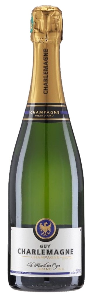 Champagne green coloured bottle with gold foil around the top and neck of the bottle, white label with an eagle logo  and text of Guy Charlemagne Champagne.