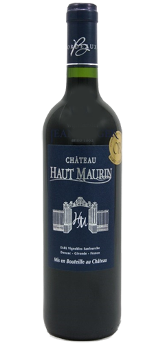Red wine bottle with a dark blue capsule and dark blue label with text CHATEAU HAUT MAURIN, picture of a gate and railing in silver with HM motif and text Mis en Bouteille au Chateau