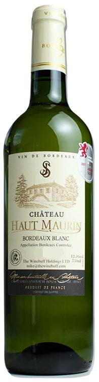 Bottle of Château Haut-Maurin Bordeaux Blanc wine on a white background