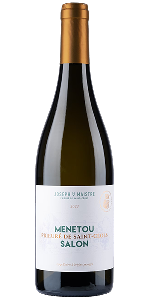 white wine in a bottle with a white label from the vineyard of Joseph de Maistre, Mentou Salon - prieure de saint-ceols