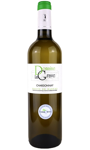 bottle of white wine from the languedoc in france, Domaine La Grave Chardonnay label with a Terra Vitis sticker