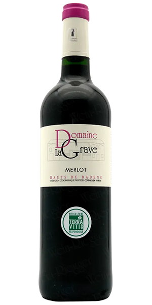 red wine bottle with the name domaine ls grave - merlot with a sustainable Terra Vitis badge
