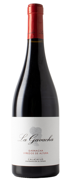 Burgundy shaped wine bottle with a red foil top. Red wine with a white label a silhouette of a woman's head on the label with the text LA GAVACHA, GARNACHA, VINEDOS DE ALTURA, CALATAYUD. Product of Spain