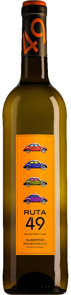 Long slim wine bottle, with a black capsule with 49 in red on the capsule. Orange label with 4 cars. a red car, blue car green car and purple care and the text RUTA 49, ALBARINO. White wine in the bottle.