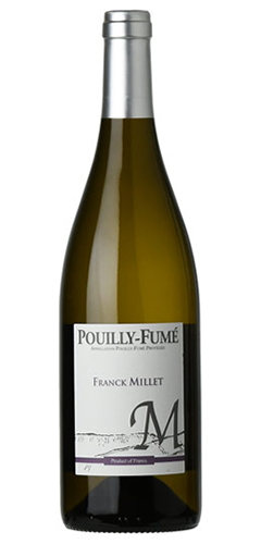 Green burgundy shaped wine bottle, with a silver foil on the top and a white rectangle label, With ea large letter M, and the test Pouilly-Fume Franck Millet.