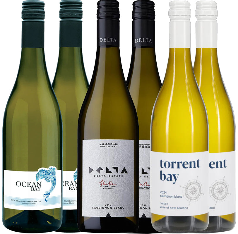 Collection of new zealand sauvignon blanc wine bottles from different vineyards on a white background