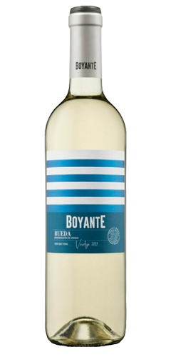 clear glass wine bottle with white wine inside with a straw yellow colour, the capsule on the bottle is white with the inscription BOYANTE. the label is striped horizontally with blue and white lines with the text BOYANTE, RUEDA Verdejo, product of spain.