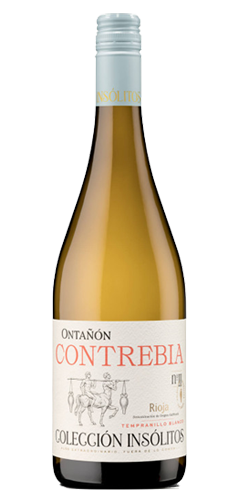 Green burgundy shaped wine bottle with white wine inside, Blue screw cap on the bottle. White label with the text Ontanon CONTREBIA Coleccion Insolitos and TEMPRANILLO WHITE