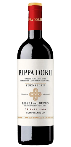 Red Wine bottle, with a large white label with text RIPPA DORII and RIBERA del DUERO CRIANZA. Red capsule on the bottle and a cross motif on the label.