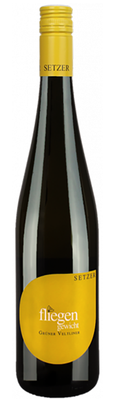 A tall germanic shaped bottle with white wine made from the gruner veltliner grape. This is a low alcohol wine of 11%. A yellow screw cap and a yellow round label with the wine maker name of SETZER and fliegengewicht (lightweight). Wine from Austria