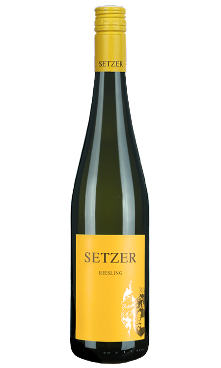 bottle of Austrian Riesling from the setzer vineyard. tall bottle with a yellow label.