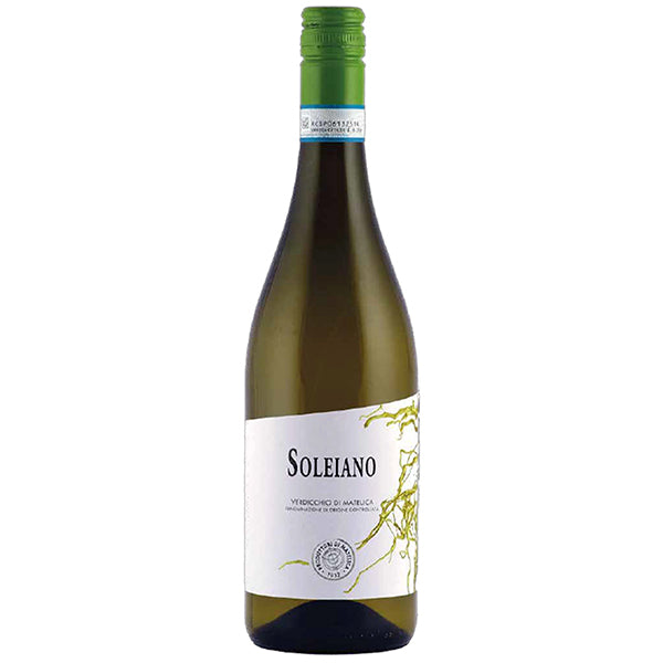 Soleiano verdicchio wine bottle on a white background