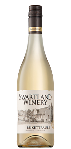 A white wine in a burgundy shaped bottle with a screwcap the bottle is clear with a straw coloured wine inside. White label with a picture of the farm in Swartland and text of SWARTLAND WINERY, BUKETTRAUDE winemakers collection