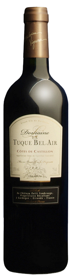 domiane tuque bel air - The Wine Buff - Bordeaux bottle with a gold capsule, cream label with text Domaine Tuque Bel Air, Castillon Cotes de Bordeaux, Pierre Lavau