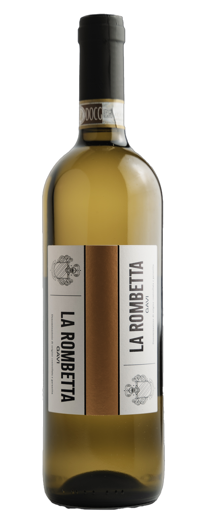 A white wine in a bordeaux shaped bottle with a black capsule and DOCG label on the neck of the bottle. The main label has a gold line in the middle on each side the family crest and text LA ROMBETTA Gavi