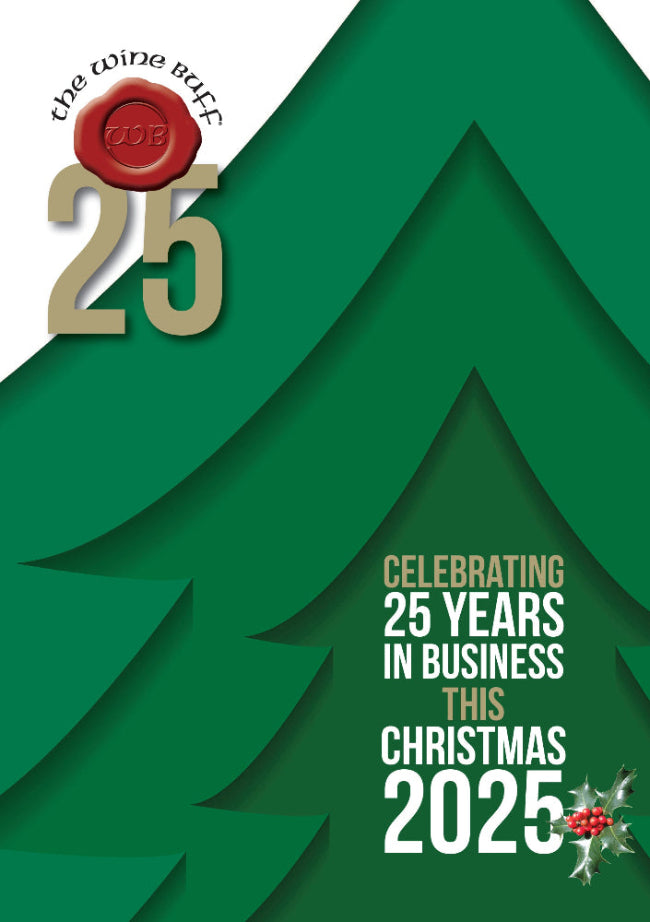 Green paper cutout of a Christmas tree with 'The Wine BUFF' logo and text celebrating 25 years in business.