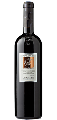 A dark brown tall wine bottle holding red wine with black foil covering the cork and a white label with a bronze picture in the centre. Text of Apollonio and Copertino on the label. The back label has a picture of the map of Italy with Puglia in the heel highlighted. Test reading Red Wine,  Unfiltered wine may contain sediment. APOLLONIO, Product of Italy, 14.00% Vol, 75cl, 750ml. Contains Sulfites