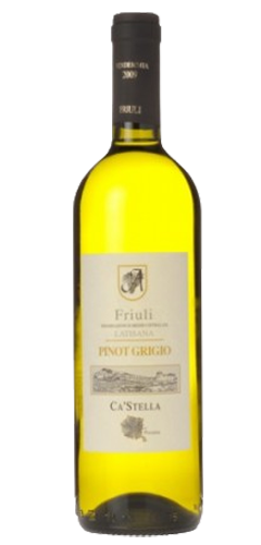 white wine in a green coloured bottle, a white label with a vineyard scene and text of Friuli, Pinot Grigio and CA'STELLA. The back label has test Friuli, Pinot Grigio , 750ml, 12.5% vol, contains sulphites and www.reguta.ie
