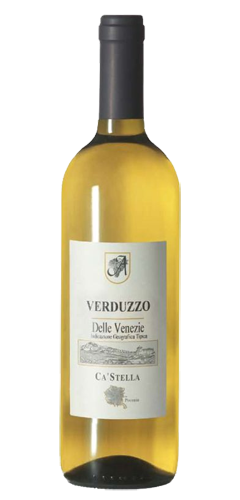 amber coloured sweet white wine in a wine bottle with a white label, picture of a vineyard on the label and text VERDUZZO, Delle Venezie and CA'STELLA
